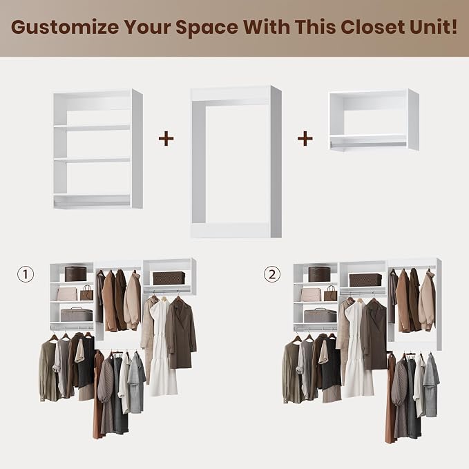 ROOMTEC Modular Closet System, 102" Closet Organizer with Hanging Rods, Wall-Mounted Wooden Tower for Walk-In Closets, Wardrobe Storage Kit, White