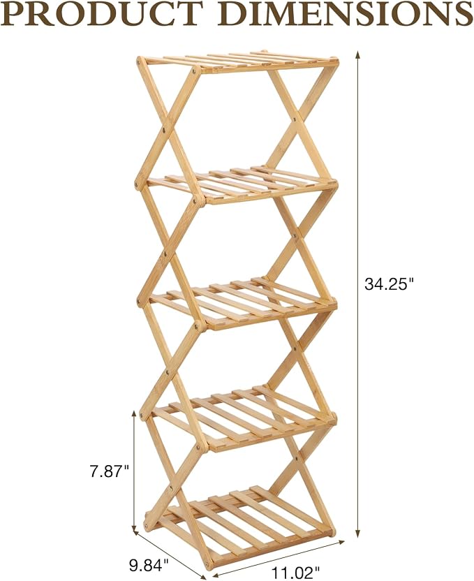 Bamboo Shoe Rack 5 Tier Foldable Shoe Rack for Entryway | Narrow Vertical Shoe Organizer Free Standing Shelf, Multifunctional Slim Storage for Bedrooms Living Room Corner, Wood Color