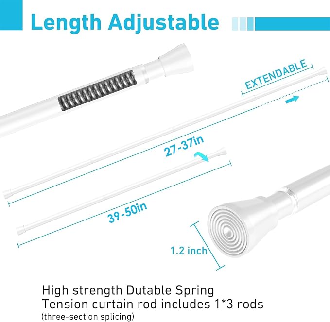 MEXAU Tension Curtain Rod for Windows 27 to 50 Inch，Spring Tension Rods White Curtain Rods No Drilling Adjustable Spring Rod Extendable Tension Rod for Kitchen, Bathroom, Window, Bookshelf.