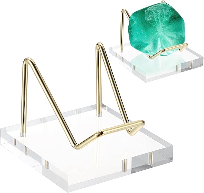 Hipiwe Metal Display Stand with Acrylic Base, Gold Business Card Holder Stand Rock Easel Stand for Fossil Coral, Mineral Rocks, Geodes, Agate Collectibles