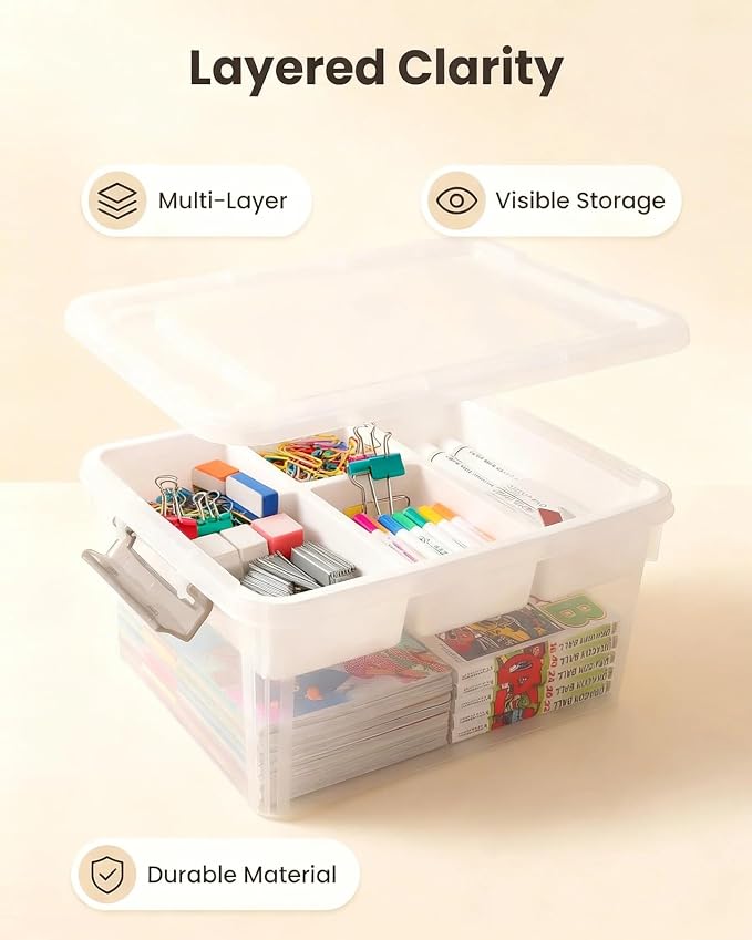 Clear Storage Box with Dividers, Plastic Organizer Box with Compartments and Secure Lid, Multi-Compartment Craft Organizer for Beads, Sewing Supplies, Jewelry, Toys and Small Parts Storage Container