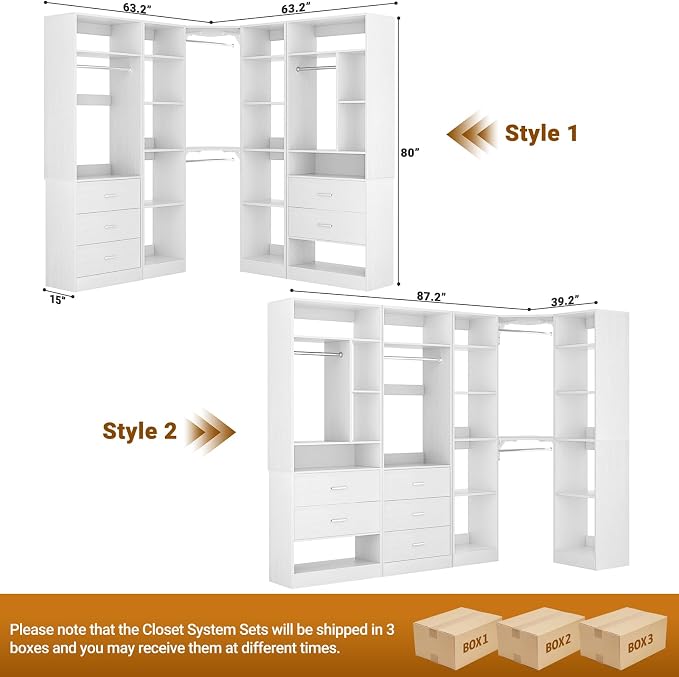 Besiost Corner Closet System with 5 Drawers, Closet Organizer System with 15+Shelvess & 4 Hanging Rods, 63.2"L * 63.2"W / 87.2"L * 39.2"W Reversible L Shaped Walk-in Closets, Load 2500+LBS, White