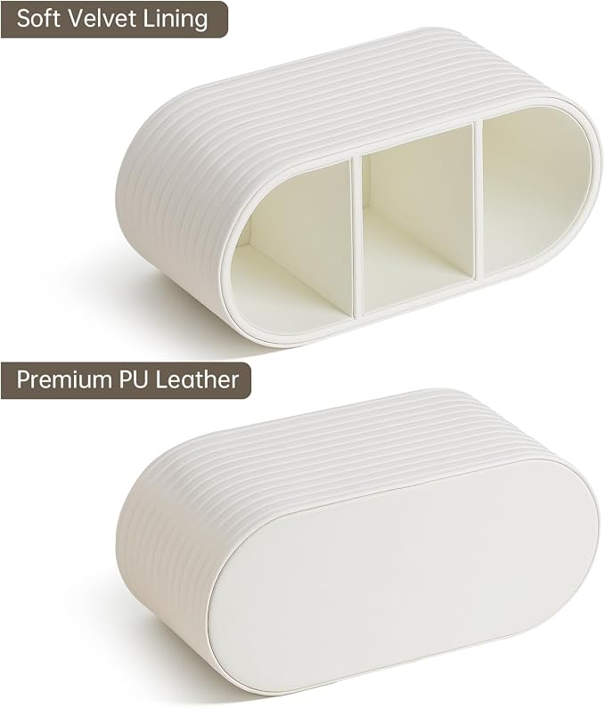 PU Leather Remote Control Holder, Modern Oval Pen Holder for Desk, 3-Compartment Desk Caddy for Remotes, Glasses, Pens, Small Desk Organizer for Nightstand, Coffee Table, Office (Ivory)