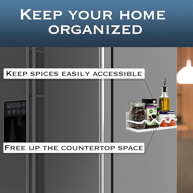 Magnetic Spice Rack Holder For Refrigerator Organizer Tier Kitchen Metal Cabinet Space Saver Great For Jars Bottle Vitamins (White, 2)