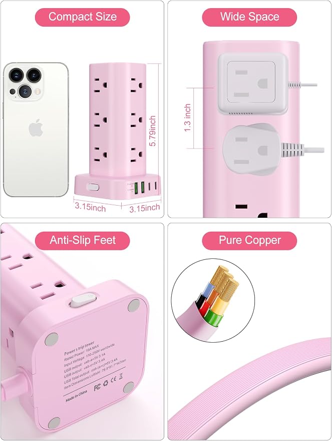 Power Strip Tower with Multiple Outlets, Flat Plug Surge Protector Tower Extension Cord with 12 AC Outlets 4 USB Ports (2 USB C), 6FT Cord Power Tower Surge Protector for Home Office Dorm Room, Pink