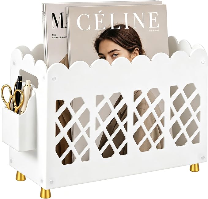 Acrylic Magazine Rack with Handle,Detachable Side Pen Slot,Wave HollowOut Design,Replaceable Anti-Slip Feet,Magazine Rack floor for Stationery File Snack Home Office Organization (White, 13x5.1x8.7")