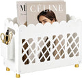 Acrylic Magazine Rack with Handle,Detachable Side Pen Slot,Wave HollowOut Design,Replaceable Anti-Slip Feet,Magazine Rack floor for Stationery File Snack Home Office Organization (White, 13x5.1x8.7")