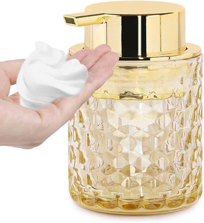 10 Oz Glass Hand Soap Dispenser with Pump, Refillable Bathroom Gold Foaming Soap Dispenser, Vintage Glass Diamond Lotion Container Bottle for Bathroom and Kitchen (1, Amber and Gold)