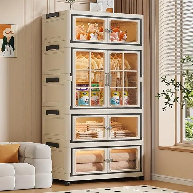 SunSettler Plastic Storage Bins with Lid, Stackable Containers with Wheels, Folding Storage Boxes, Stackable Closet Organizers