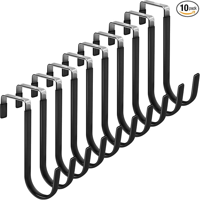 FYY Over the Door Hooks, Single-Hanger 10 Pack, Fits Doors 1 3/8" Black | Heavy Duty Metal, Hold 20lbs, Rubber-Coated, No-Drilling, for Bathroom Dorm, Hanging Towels Clothes Hats Bags Coats Wreaths