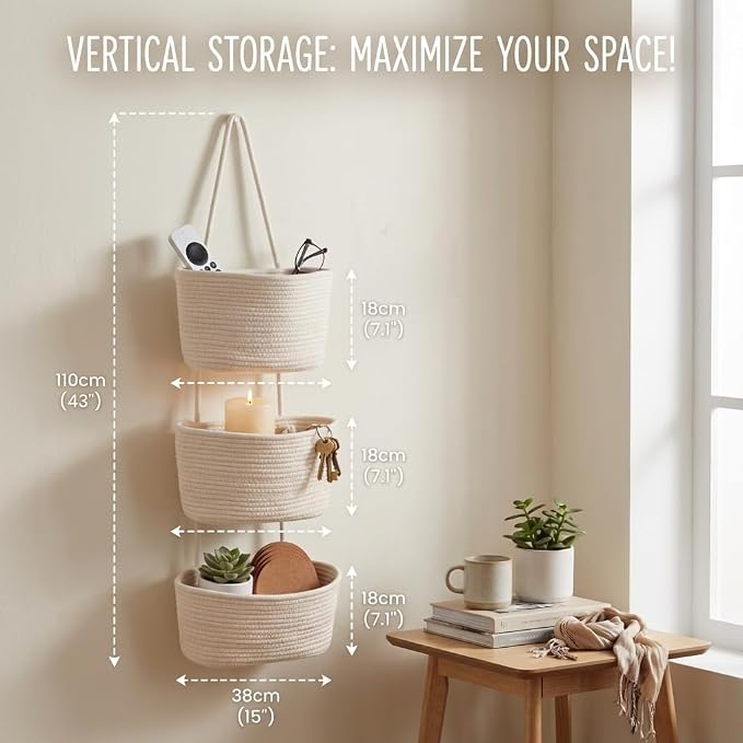 Over the Door Basket Organizer, 3 Tier Hanging Basket with Hooks | Woven Cotton Hanging Over Door Basket for Bedroom, Nursery, Bathroom, Apartment, White Hanging Storage Basket for Organizing