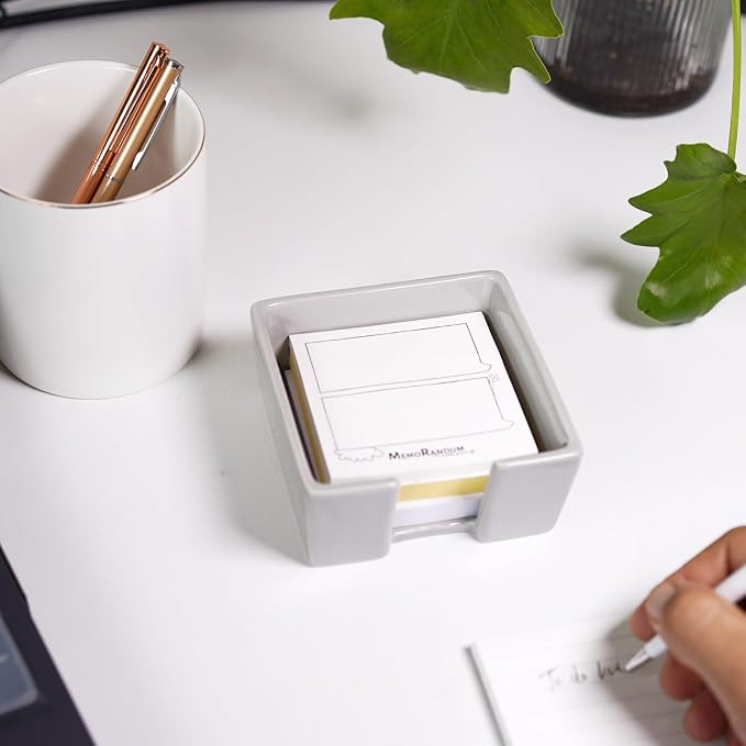 HANKOR Ceramic Sticky Note Holder, 3 x 3 Sticky Note Dispenser, Notepad Holder for Desk, Office Essentials Organizer (Grey)