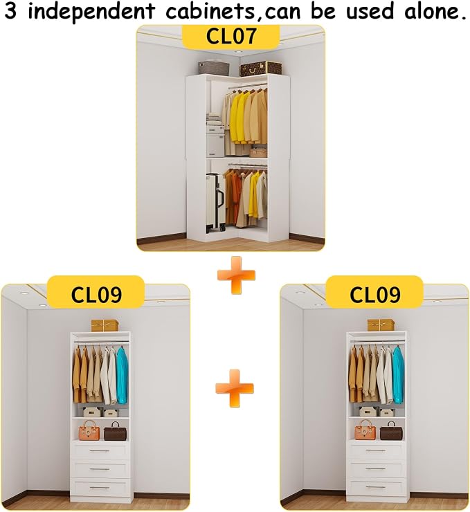 Corner Closet System with 6 Drawers, Closet Organizer 3 Sets,White | 7 Hanging Rods, Heavy Duty Walk in Wooden Modular Storage System, Custom L-Shaped U -Shaped Freestanding 2000+ Lbs Capacity