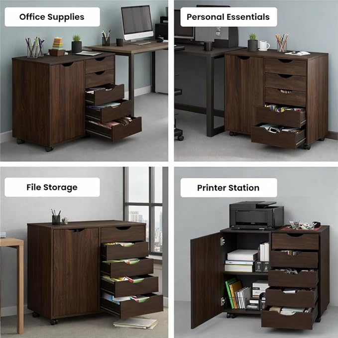 Naomi Home Wooden 5 Drawer Office File Cabinet with Shelves and Wheels, Mobile Storage Cabinet with Drawers for Home Office, Ideal for Under Desk or Printer Stand Use in Brown Oak