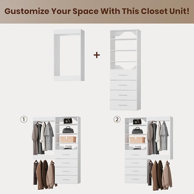 ROOMTEC Modular Closet System, 49" Wall-Mounted Closet Organizer with Drawers and Hanging Rods, Wooden Tower for Walk-In Closets, Wardrobe Storage Kit, White