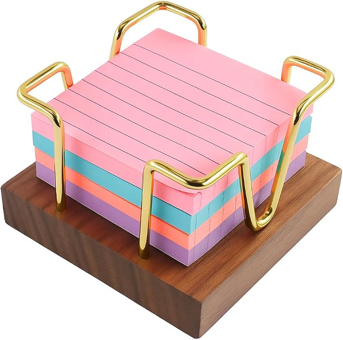 MultiBey Walnut Sticky Note Holder for Desk - Wood & Gold Wire Rack | Self-Stick Note Pad Holder & Metal Wire Notepad Dispenser. Stylish Desktop Post-It Organizer for Office Supplies