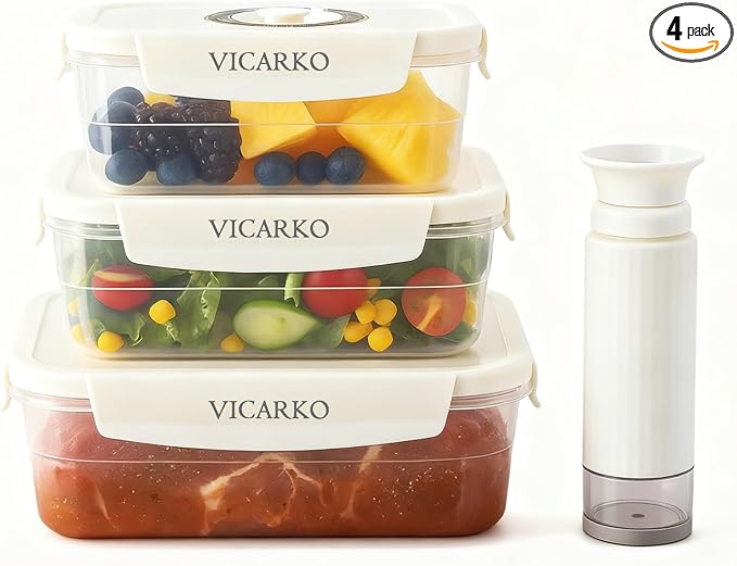 VICARKO 3 PCS Stackable Vacuum Food Storage Containers Set with Hand Pump | Keep Food Fresh Up to 5X Longer, 17 oz/ 34 oz/ 68 oz, White, BPA-Free, Airtight, Leakproof, Date Tracker, Seal Meal Saver