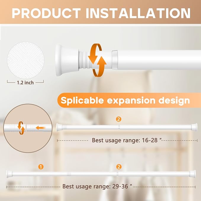 2 Pack Spring Tension Curtain Rod 18-36 inch, Adjustable Tension Rod No Drilling Small Curtain rod, Spring Loaded Curtain Rods for Windows Doorway, White