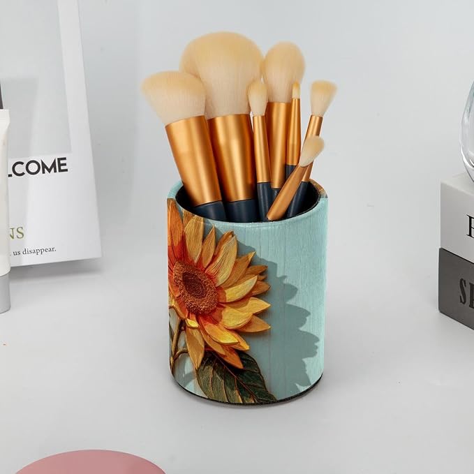 Faux Leather Pen Holder for Desk, Pencil Organizer Sunflower and Wooden Plank Pen Cup Desk Decor Makeup Brush Holder Storage for Office Home