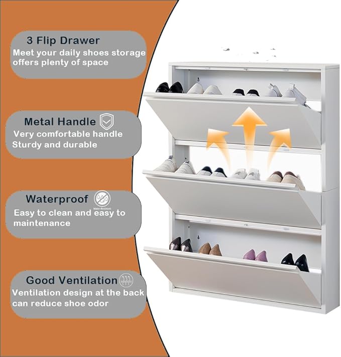 Shoe Storage Cabinet with 3 Flip Drawers, Hidden Slim Narrow Shoe Rack Cabinet, Wall Mount Metal Shoe Cabinet for Entryway, White