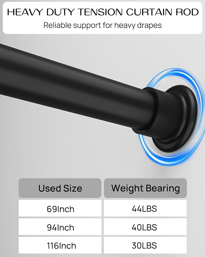 Tension Curtain Rod by EZFurni, 42-123 Inches, Heavy Duty Tension Rods for Windows, Adjustable Spring Loaded Curtain Rods No Drilling, Renter Friendly, Hold Up Blackout Curtains and Non Slip, Black