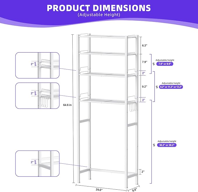 KMwisde 4 Tier Over The Toilet Storage, Bathroom Organizer Shelves with Adjustable Height, Above Toilet Storage Cabinet with Freestanding Rack, White