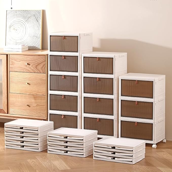 Foldable Storage Bins Boxes with Lid Wheels and Magnetic Door, Collapsible Stackable ABS Organizer for Kitchen Cloakroom Closet Living Room & Office(5 Tier)