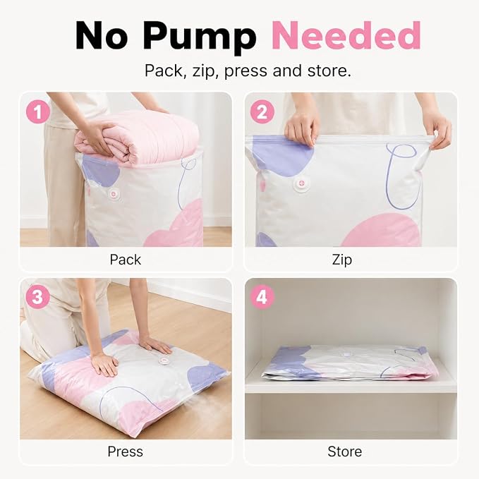 5 Pcs No-Pump Vacuum Storage Bags, Large Cube Compression Space Saver Bags