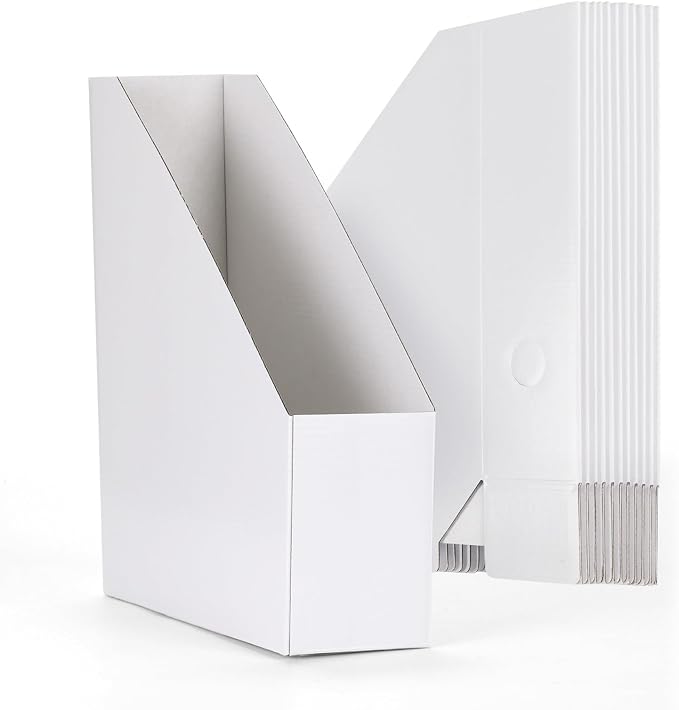 EXYGLO 12 Pack White Magazine File Holder, Cardboard Magazine Rack with Label, Foldable Storage Organizer Box for Book, Documents, 9.9x3.3x12 Inches