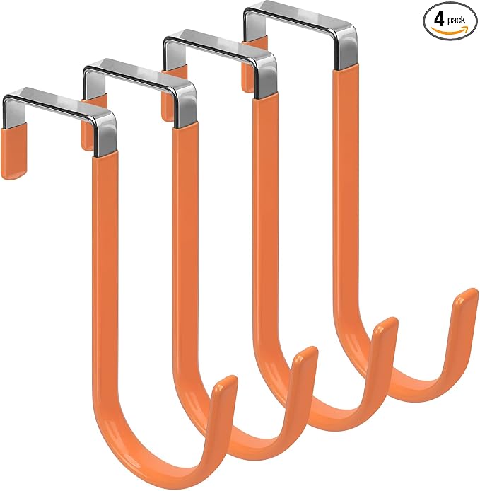 FYY Over the Door Hooks, Single-Hanger 4 Pack, Fits Doors 1 3/8" Orange | Heavy Duty Metal, Hold 20lbs, Rubber-Coated, No-Drilling, for Bathroom Dorm, Hanging Towels Clothes Hats Bags Coats Wreaths