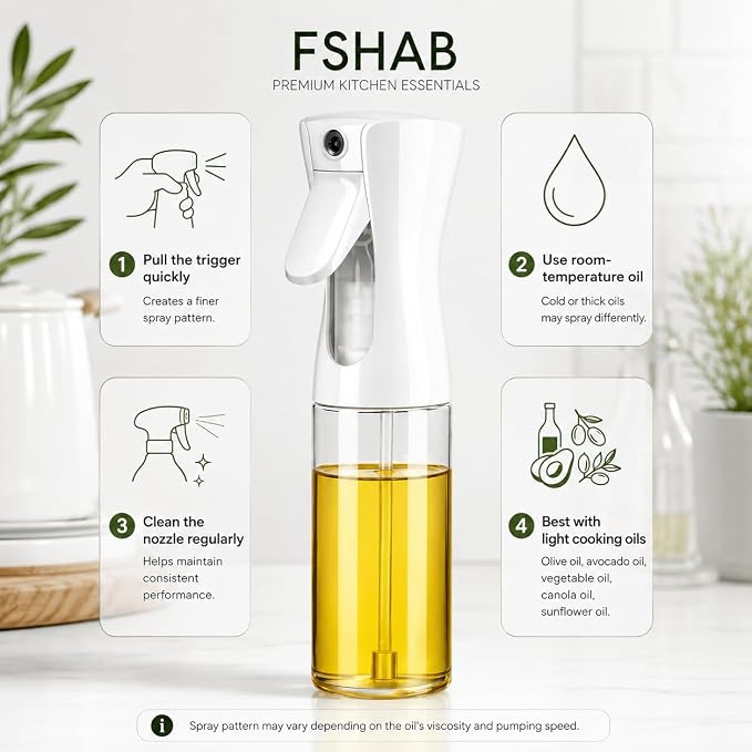 Oil Sprayer for Cooking 230ml Glass Olive Oil Spray Bottle, Refillable Oil Sprayer for Air Fryer, Salad, Baking & BBQ, Kitchen Gadget (Black Lid)