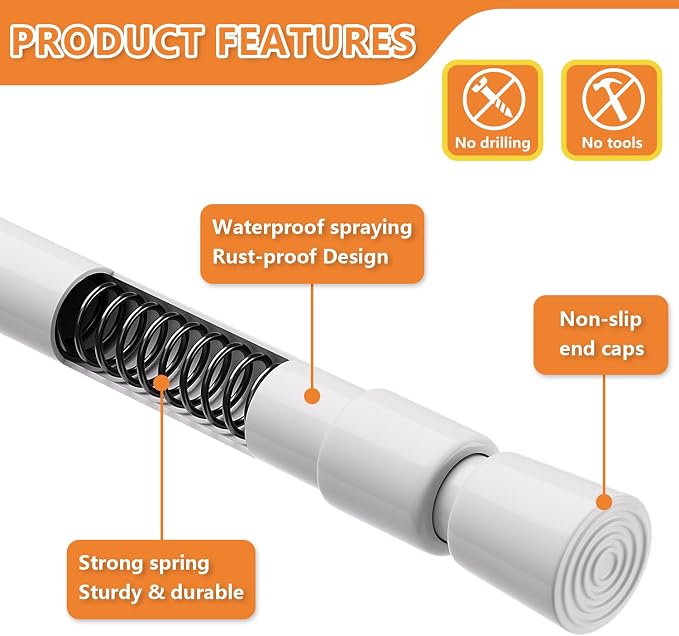 KXLife 4 Pcs Spring Tension Curtain Rod Adjustable 28 to 40 Inches, White | 5/8" Diameter, Expandable Spring Loaded, No Drilling, No-Slip End Caps, for Windows, Kitchen, Doors