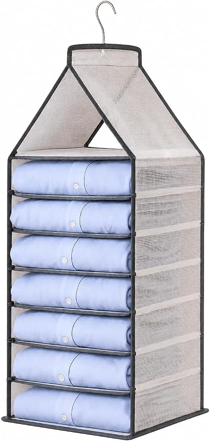 Hanging Closet Organizer, 6-Shelf Foldable Wardrobe Storage for Clothes, Space Saving Hanging Organizer with Reinforced Hook for Sweaters, Pants & Shirts (Large Grey)