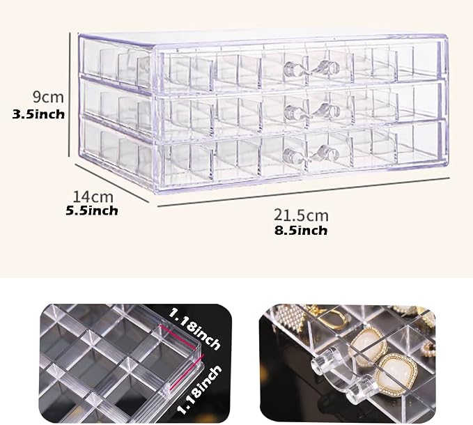 YUFONG Earring Storage Box Organizer 3 Drawers Acrylic Jewelry Storage Box Holder Transparent Jewelry Display Stand with 72 Small Compartments Gift for Women Girls (Clear)