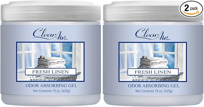 Clear Air 15oz Gel Odor Eliminator - Absorb & Remove Strong Odors from Pets, in Bathrooms, Basements, Garage, Cars, RVs & Boats - Eliminate Tough Odors with Essential Oils (Fresh Linen, 2-Pack)