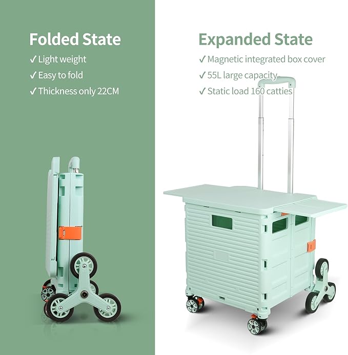 Foldable Utility Cart Collapsible Portable Crate Rolling Carts with Stair Climbing Wheels Tote Basket with Magnetic Lid Telescopic Cover Wear-Resistant 360°Rotate Wheel Noiseless for Shopping Office