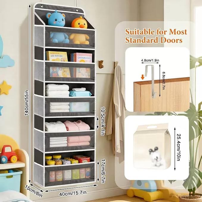 Over the Door Organizer 5-Tier, Heavy Duty Behind Door Storage, Anti-Tilt Capacity, Door Hanging Organizer with Clear Window for Closet, Bathroom, Nursery, Bedroom, Pantry, Shoe Diaper (Dark Gray)