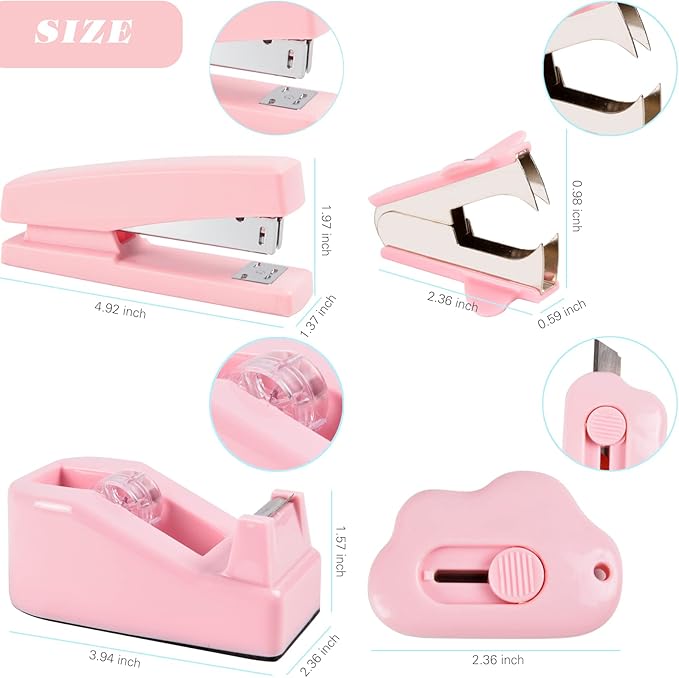 ChezMax Pink Desk Accessory Kit Includes Stapler with Staples Staple Remover Tape Dispenser Transparent Tape Scissors Push Pins Paper Clips Binder Clips Single Hole Punch Telescopic Knife Tape Measure