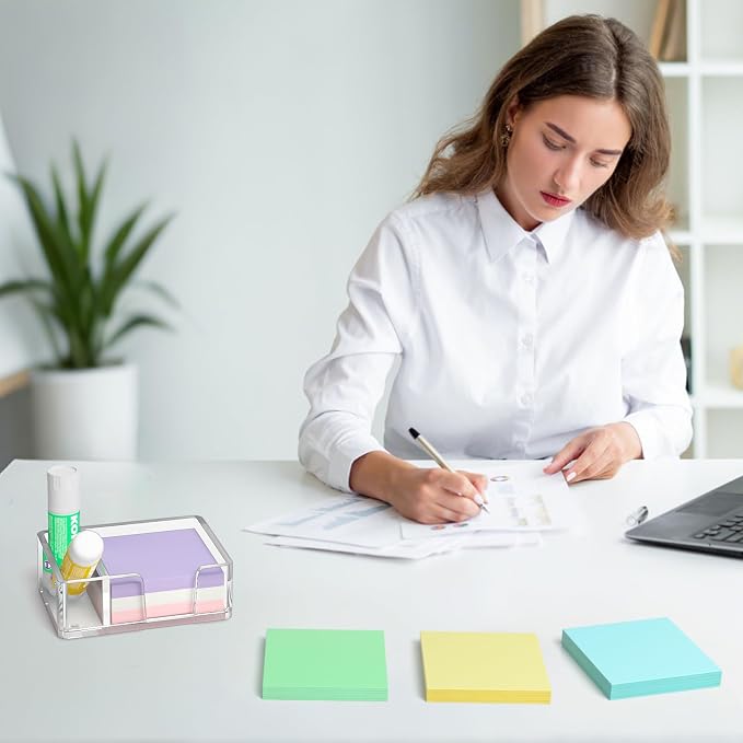 Sticky Note Holder with Pen Slot, Crystal Clear Acrylic Notepad Holder 3x3 in Self-Stick Note Dispenser Office Desk Accessories, Memo Pad Holder Organizer for Classroom School Supplies