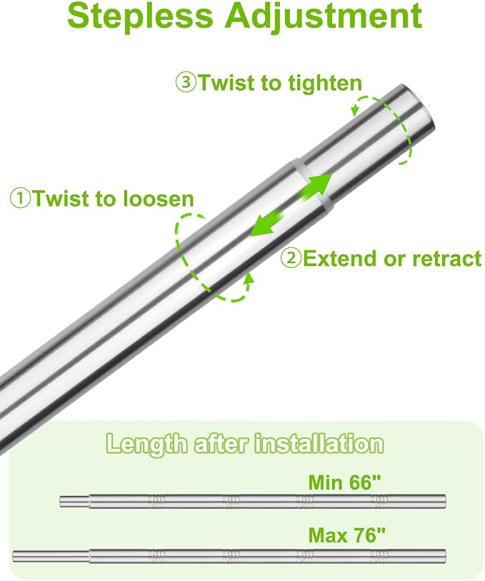 Closet Rod 1 Pack, Adjustable Clothes Haning Rod 66 to 76 Inches, Stainless Steel Rod for Close, Silver