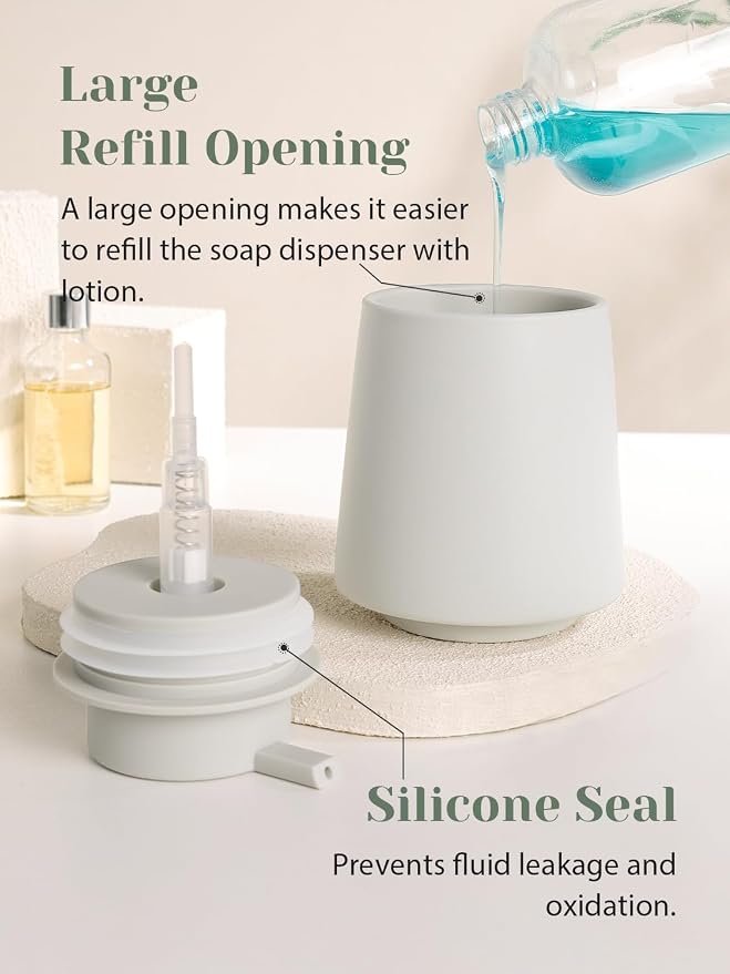 INGOFIN Ceramic Soap Dispenser -14 oz Bathroom Hand Soap Dispenser Liquid Dispenser with Pump Refillable Modern Lotion Dish Dispenser for Kitchen Matte Grey