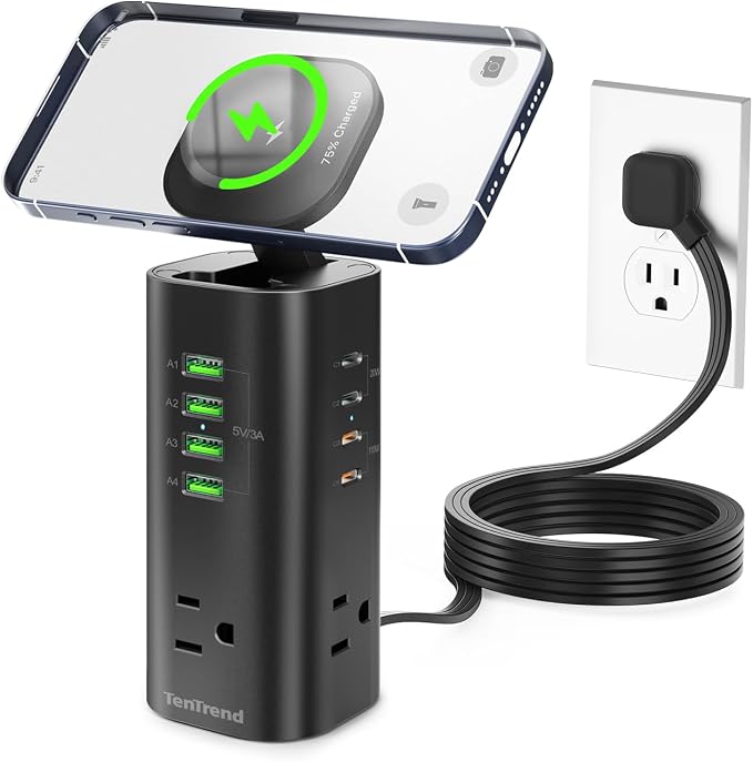 160W Fast Charging Station, TenTrend Power Strip Tower, 5FT Extension Cord | Charging Tower with 3AC Outlets & 8 USB Ports(4 USB-C), Foldable 15W Charging, Dorm, Office Desk Supplies