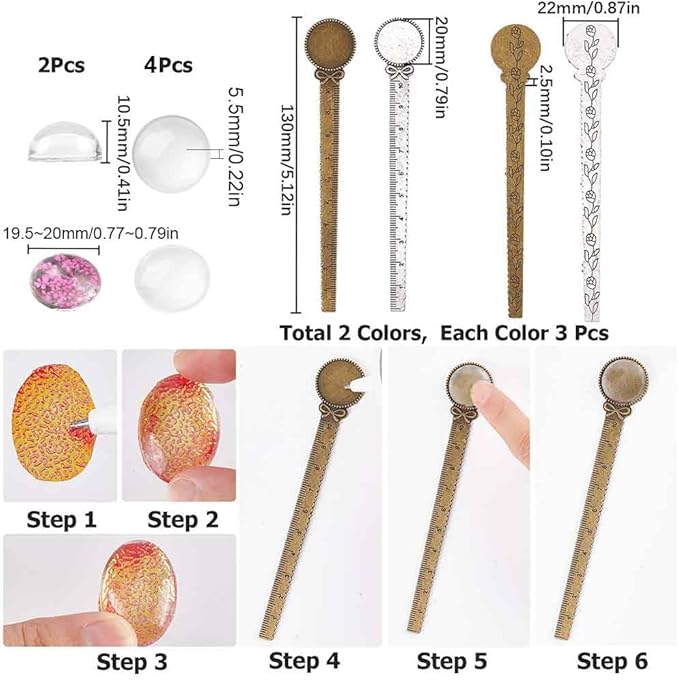 SUNNYCLUE 12Pcs DIY 6 Sets Antique Bronze Bookmark Silver Ruler Bookmarks Set Colorful Dried Flowers Glass Flat Back Cabochons Bookmark Blanks Bezel Tray Vintage Book Marks Making Kit for Reading