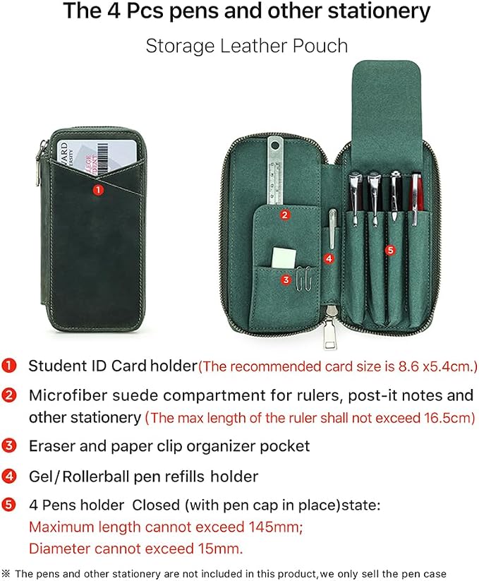 CONTACTS Full Grain Leather Pencil Case Handmade Vintage Zipper Pen Holder Pouch with Card Slot Pens Organizer Pockets Stationery Bag for Men and Women (Dark Green)