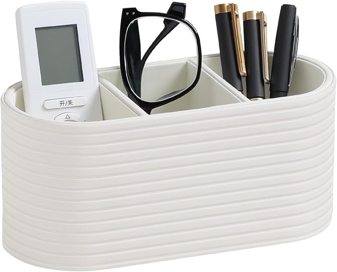 PU Leather Remote Control Holder, Modern Oval Pen Holder for Desk, 3-Compartment Desk Caddy for Remotes, Glasses, Pens, Small Desk Organizer for Nightstand, Coffee Table, Office (Ivory)