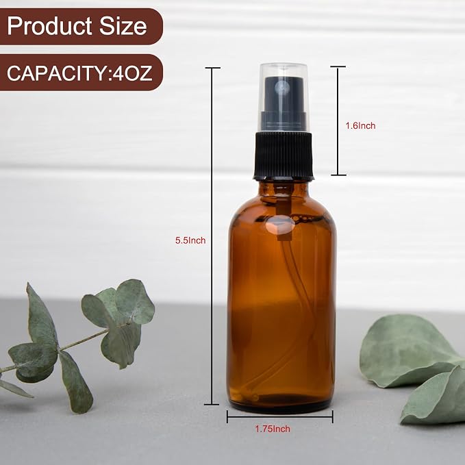 LANBEAUTIFY 4 oz Amber Glass Spray Bottles - Small Empty Fine Mist Spray Bottle for Essential Oil,Face - Mini Dark Spray Bottles with,Included 6 Sprinkler, 1Funnels,1 Droppers, 4 Labels