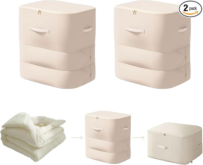 2PCS Comforter Storage Bag, 3-Layer Zipper Large Capacity Storage Bag, Ultra Space Saving Self Compression Storage Bags for Comforters, Clothes, Pillows and Bedding Sets (Beige, X-Large)