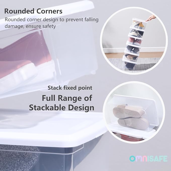 6 Quart Stackable Plastic Storage Shoebox, BPA-Free Nestable Container with Latching Lid to Organize Shoes, See-Through Box for Home and Office, Multi-Purpose Clear Bins (White, 12 Pack)
