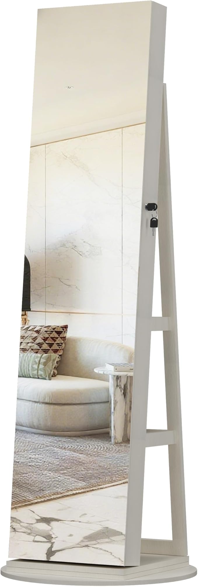 62" 360° Swivel Freestanding Storage Chest, Jewelry Cabinets with Interior Light, Utility Organizer with Lockable Design for Home Dressing, White