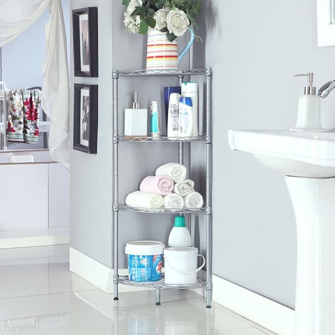 4-Tier Carbon Steel Corner Storage Rack, Adjustable Metal Shelf Organizer with Mesh Design for Kitchen, Bathroom, Office, or Living Room – Silver Gray